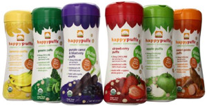 7 HAPPYBABY Organic Puffs Sampler (6 Count), 60g each, (Strawberry, Sweet Potato, Banana, Purple Carrot and Blueberry, Green Puffs, Apple)