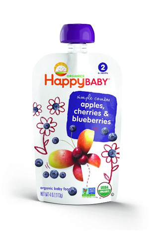 9 Happy Baby Organic Stage 2 Baby Food, Simple Combos, Apples, Cherries & Blueberries, 4-Ounce Pouches (Pack of 8)