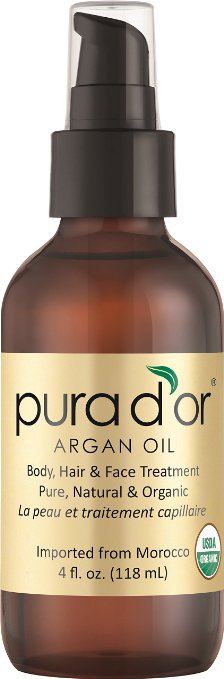 PURA D'OR Moroccan Argan Oil 100% Pure & USDA Organic For Face, Hair, Skin & Nails, 4 Fluid Ounce