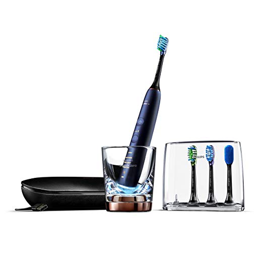 Philips Sonicare DiamondClean Smart Electric, Rechargeable toothbrush for Complete Oral Care, wCharging Travel Case, 5 modes, 4 Brush Heads & Brush Head holder - 9750 Series, Lunar Blue, HX995456